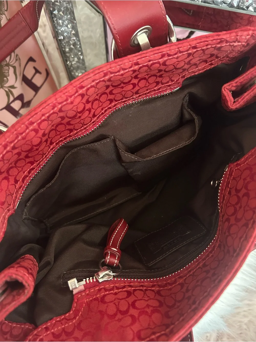 Y2K Vintage 2007 Coach SoHo Cherry Red Canvas Signature C Logo Tote Shoulder Bag
